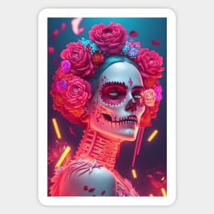 Day of the Dead Cyperpunk Beauty with Futuristic Cityscape - Ultra Realistic Sticker